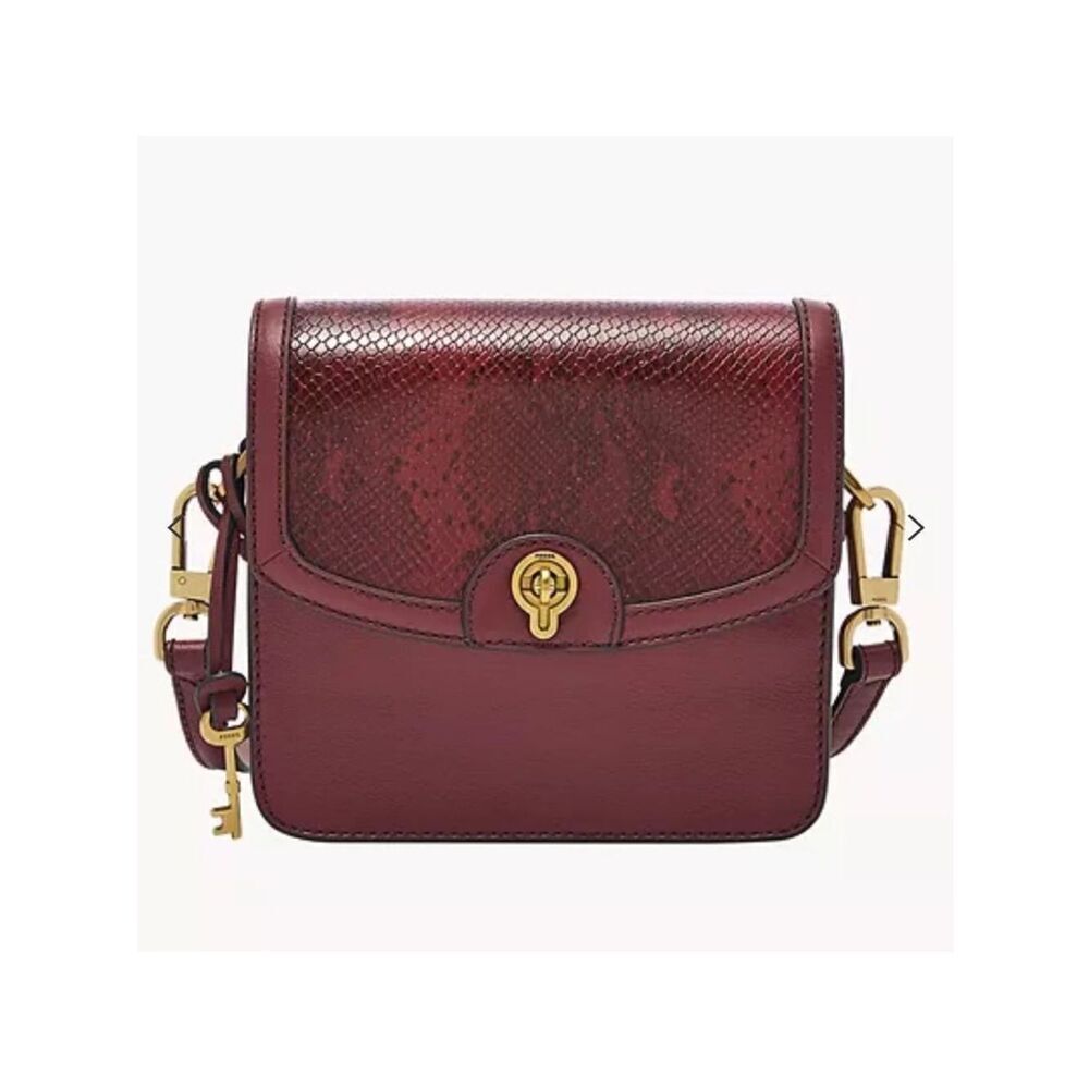 FOSSIL Ainsley Burgundy Croc Print Combo Leather Small Crossbody Bag Purse